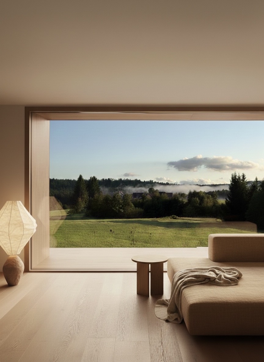 Living room with a panoramic window framing a misty Swiss landscape