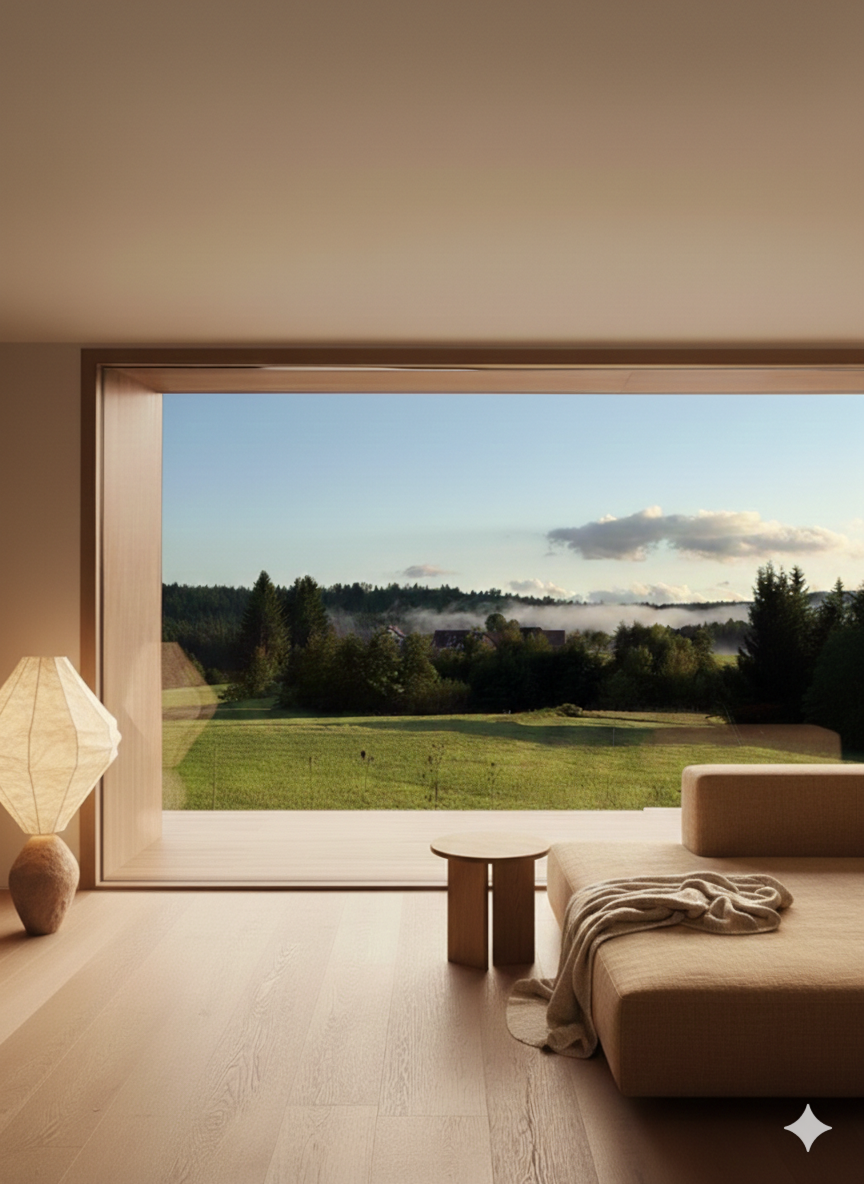 Living room with a panoramic window framing a misty Swiss landscape