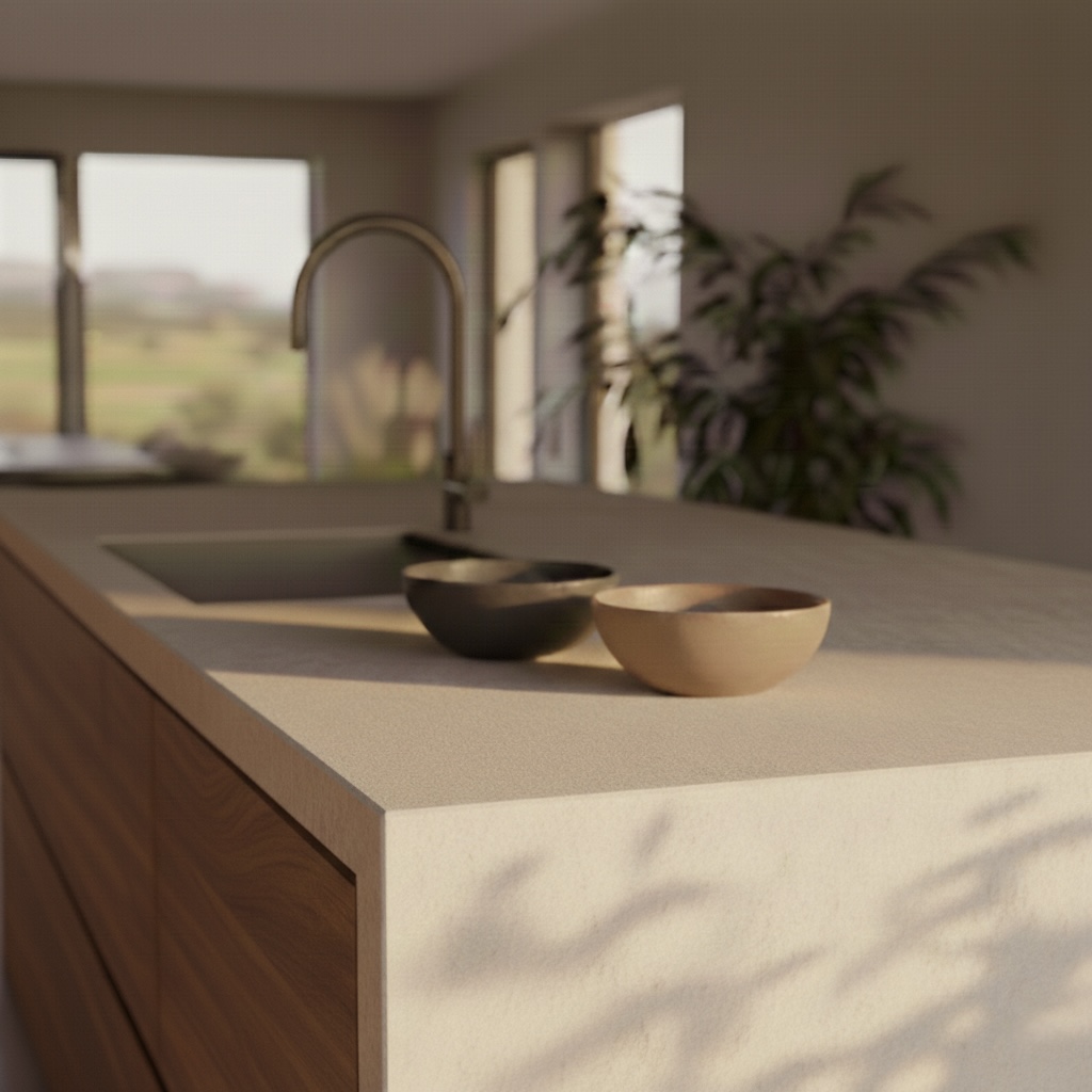 Close-up of a natural stone kitchen countertop with handmade ceramic bowls