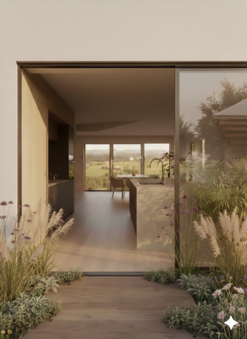 View through an open threshold into a sunlit home, framed by wild garden planting